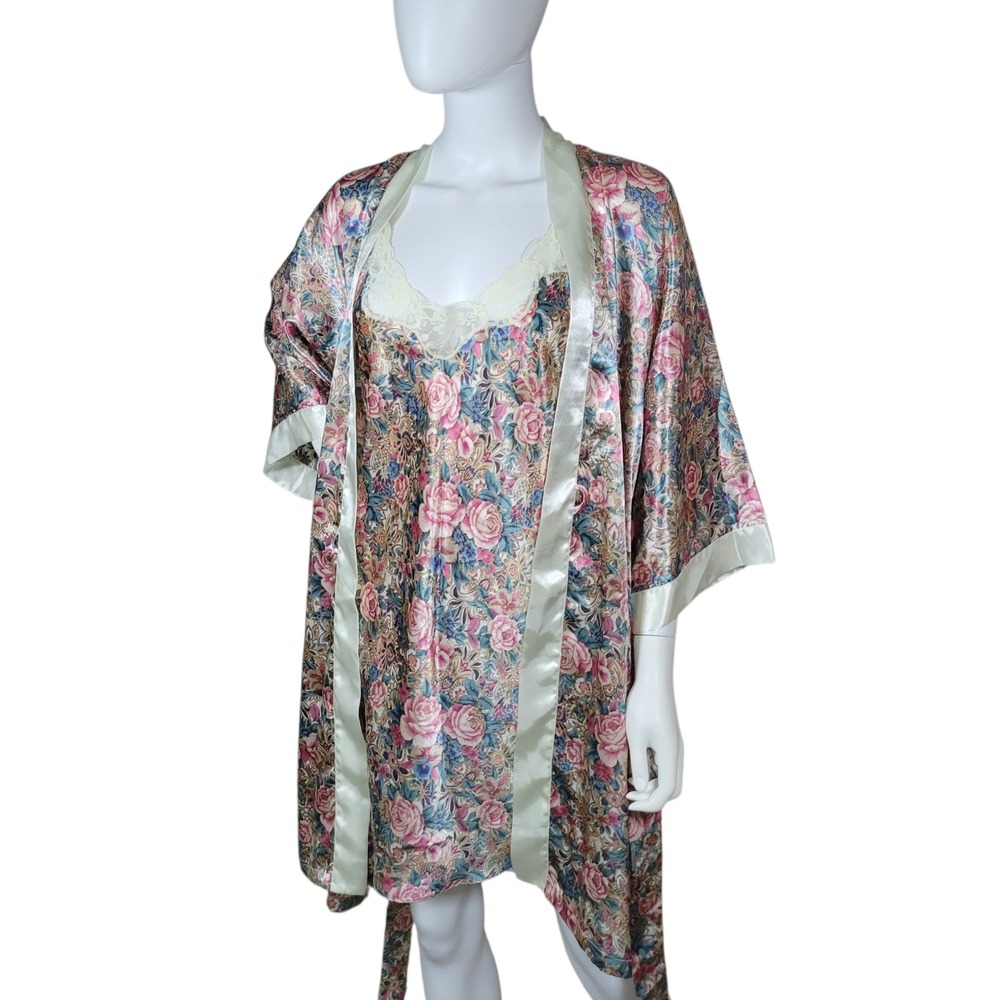 Vintage Robe Slip Dress Set Womens M Floral Satin Lace Trim Nightgown Feminine